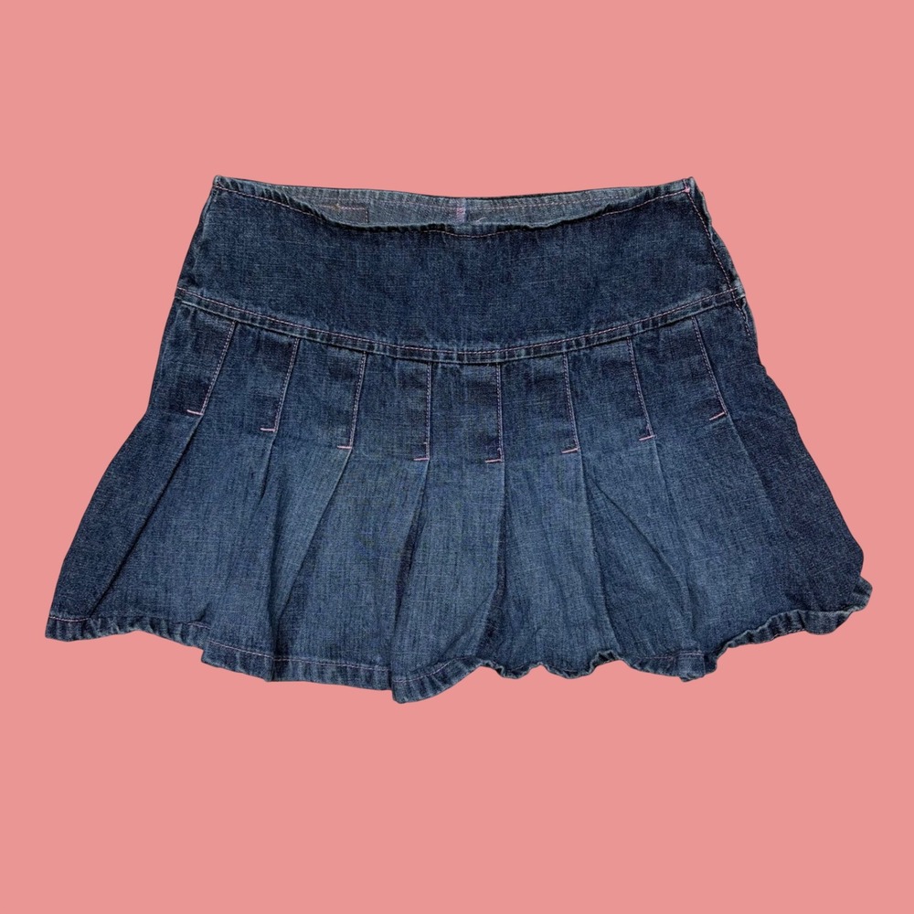 Vintage LEI Denim Mini Skirt Pleated Dark Wash Pink Stitching Y2K Size 10 Reg